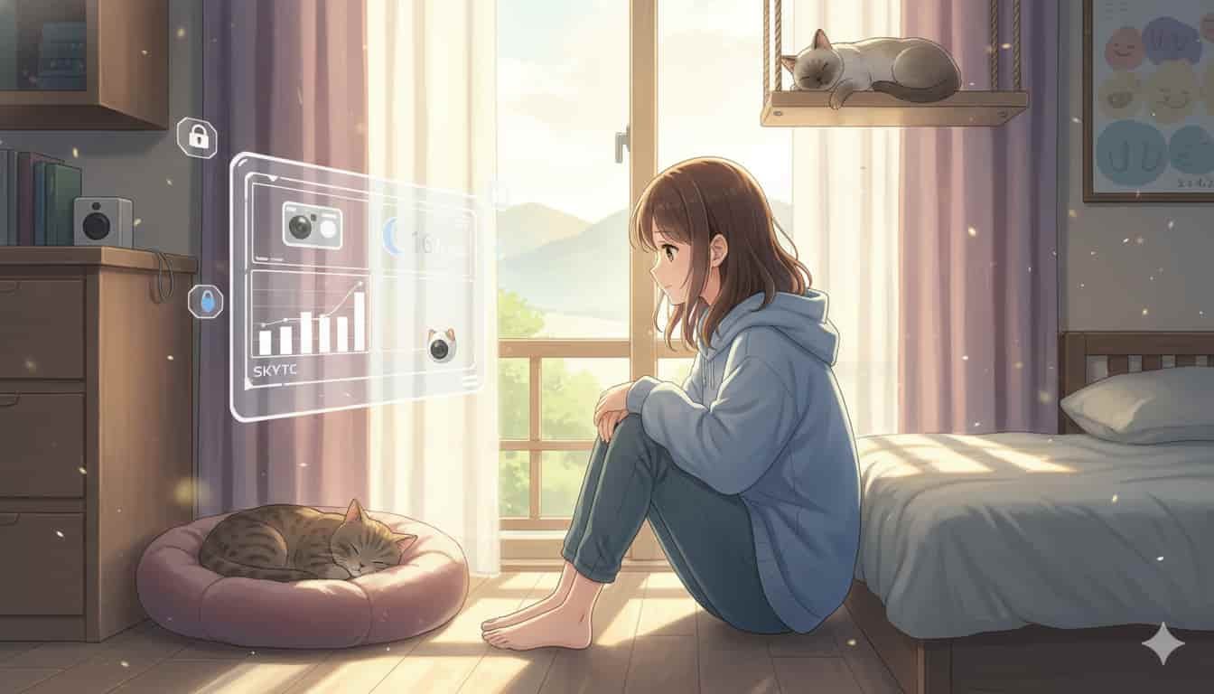 Como saber se seu gato está dormindo o suficiente 8 Uma jovem em estilo anime de Makoto Shinkai observa um painel holográfico da SKYTC com dados de sono de gatos, enquanto dois gatos dormem tranquilamente em um quarto ensolarado.