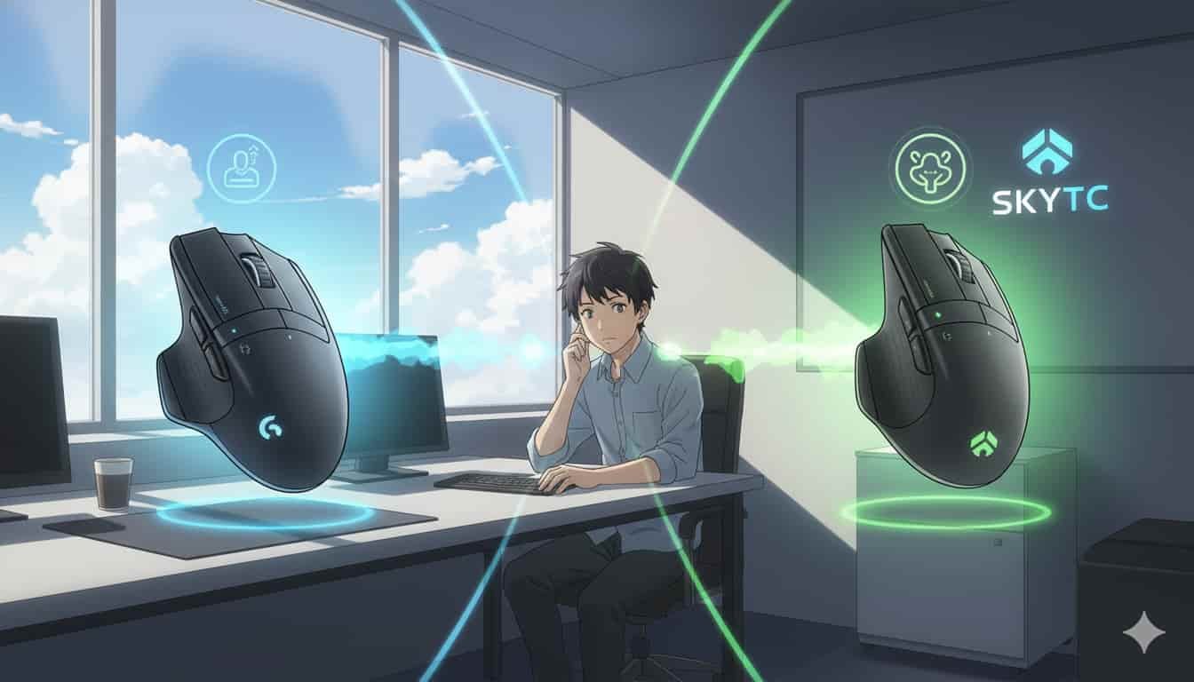 Jovem em escritório ponderando entre Logitech MX Master 3 e mouse vertical, com logo SKYTC.