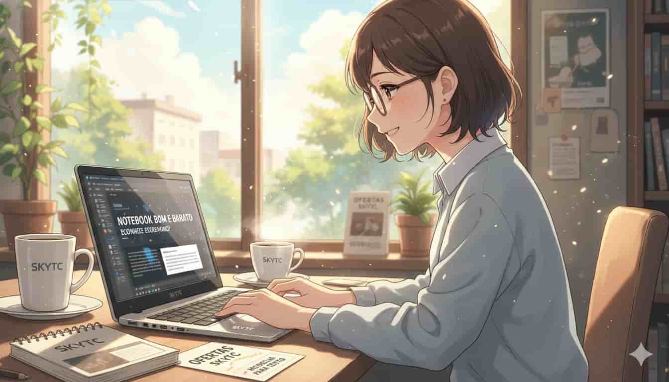 Notebook barato para textos: onde economizar 2 Jovem mulher escrevendo textos em notebook SKYTC barato em estilo anime.