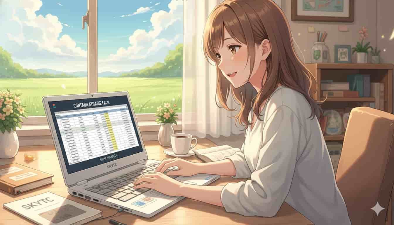 Jovem mulher usando notebook SKYTC com teclado numérico para contabilidade em estilo anime.