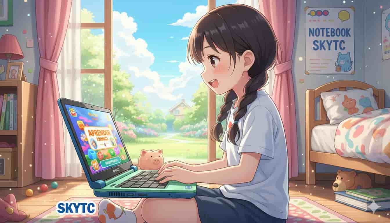 Notebook para crianças estudarem: durabilidade e preço 2 Menina sorrindo usando notebook SKYTC durável para estudar em estilo anime.