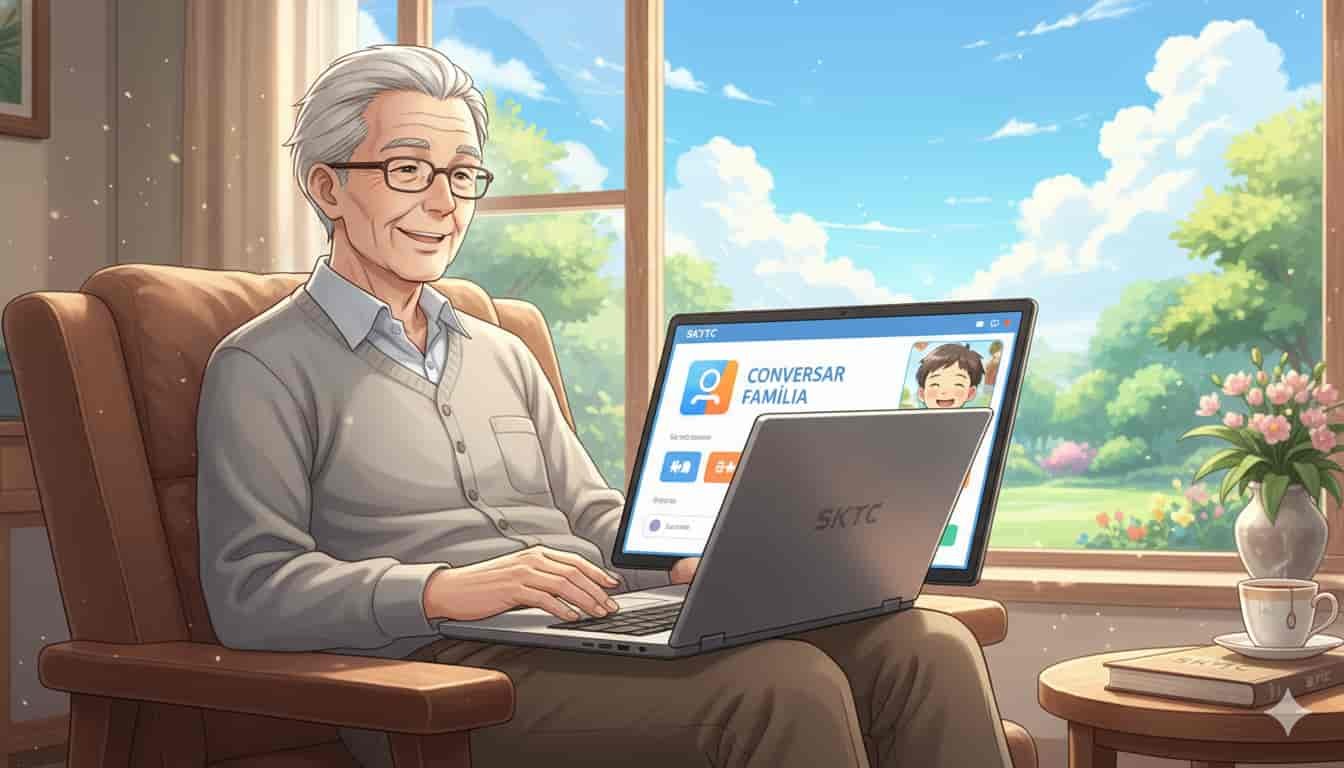 Notebook para idosos: facilidade de uso e tela grande 2 Idoso feliz usando notebook SKYTC de tela grande para conversar com a família em estilo anime.