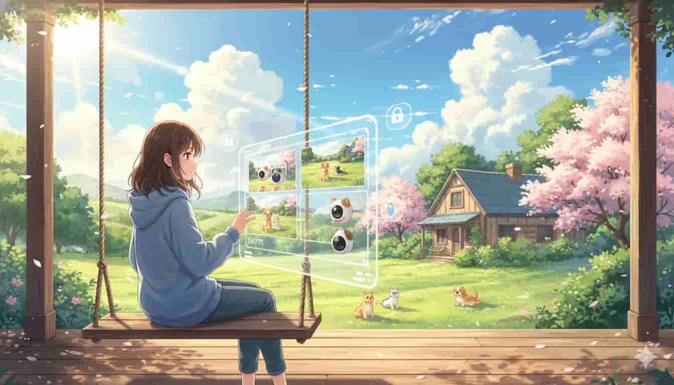 Segurança de dados em câmeras inteligentes pet 2 Uma jovem em estilo anime de Makoto Shinkai em um balanço, interagindo com uma interface holográfica de câmeras de segurança pet, com o logo SKYTC visível, em um cenário campestre ensolarado.