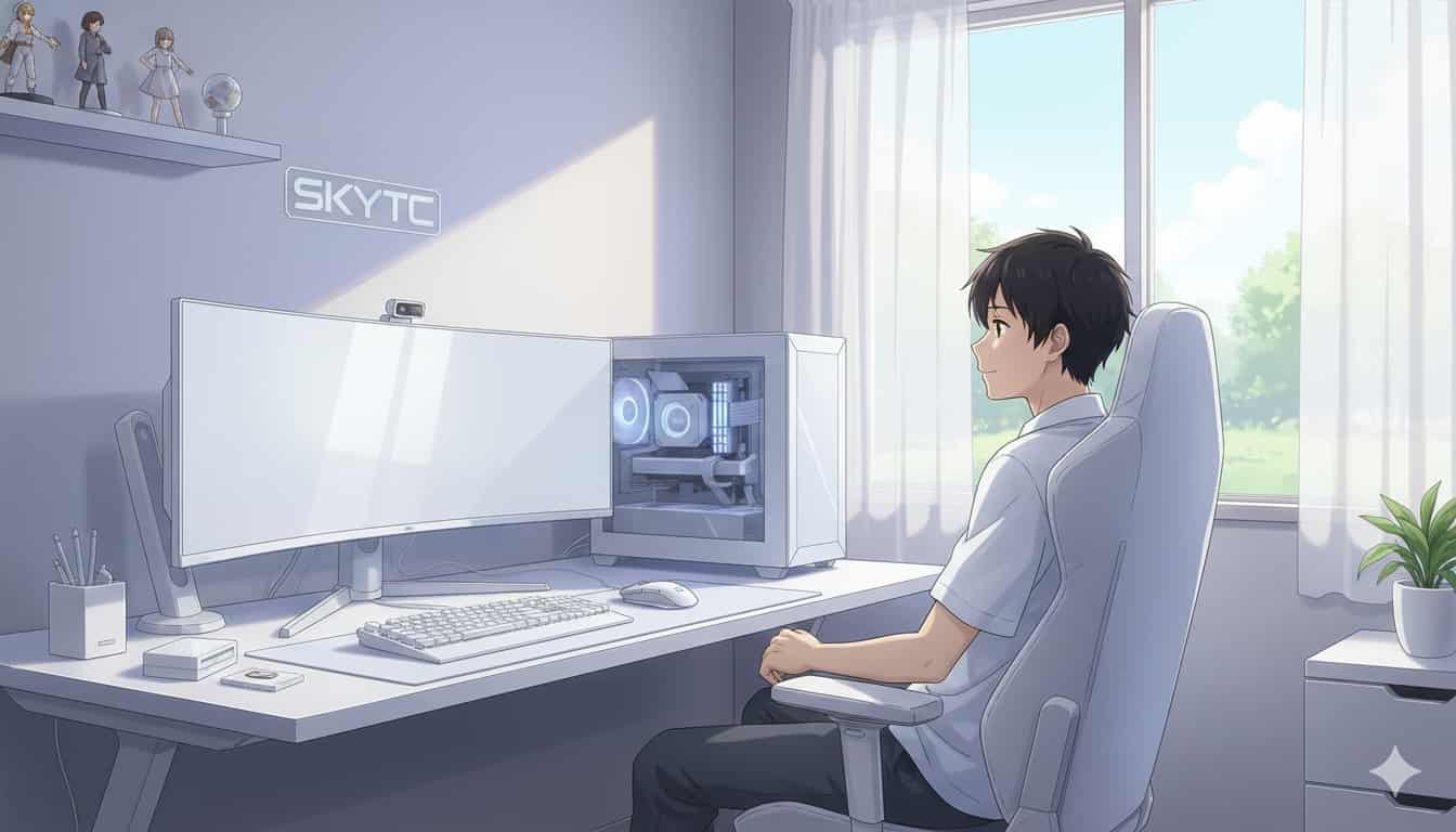 Setup "All White": como manter tudo limpo e novo 6 Jovem em um setup de computador "all white" impecável, com o logo SKYTC.