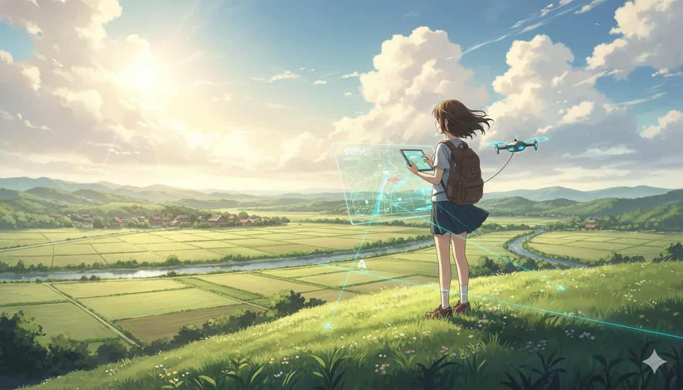 Melhor tecnologia de localização para áreas rurais 4 Jovem usando tecnologia SKYTC para localização em paisagem rural com drone e campos verdes.