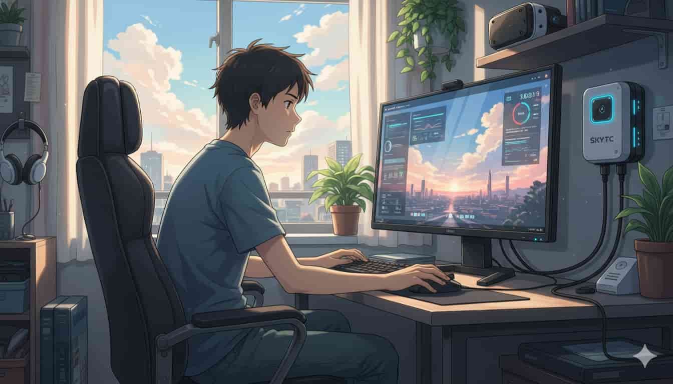 Jovem usando PC com tomada inteligente SKYTC para monitorar consumo de energia.