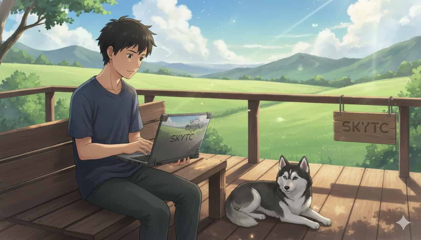 Notebook que não quebra fácil: foco em construção 2 Jovem usando notebook SKYT em varanda rural com husky, durabilidade