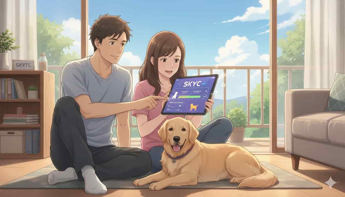 Apps para comparar atividade do pet com a raça 2 Casal com Golden Retriever usando app SKYTC para comparar atividade do pet com a raça