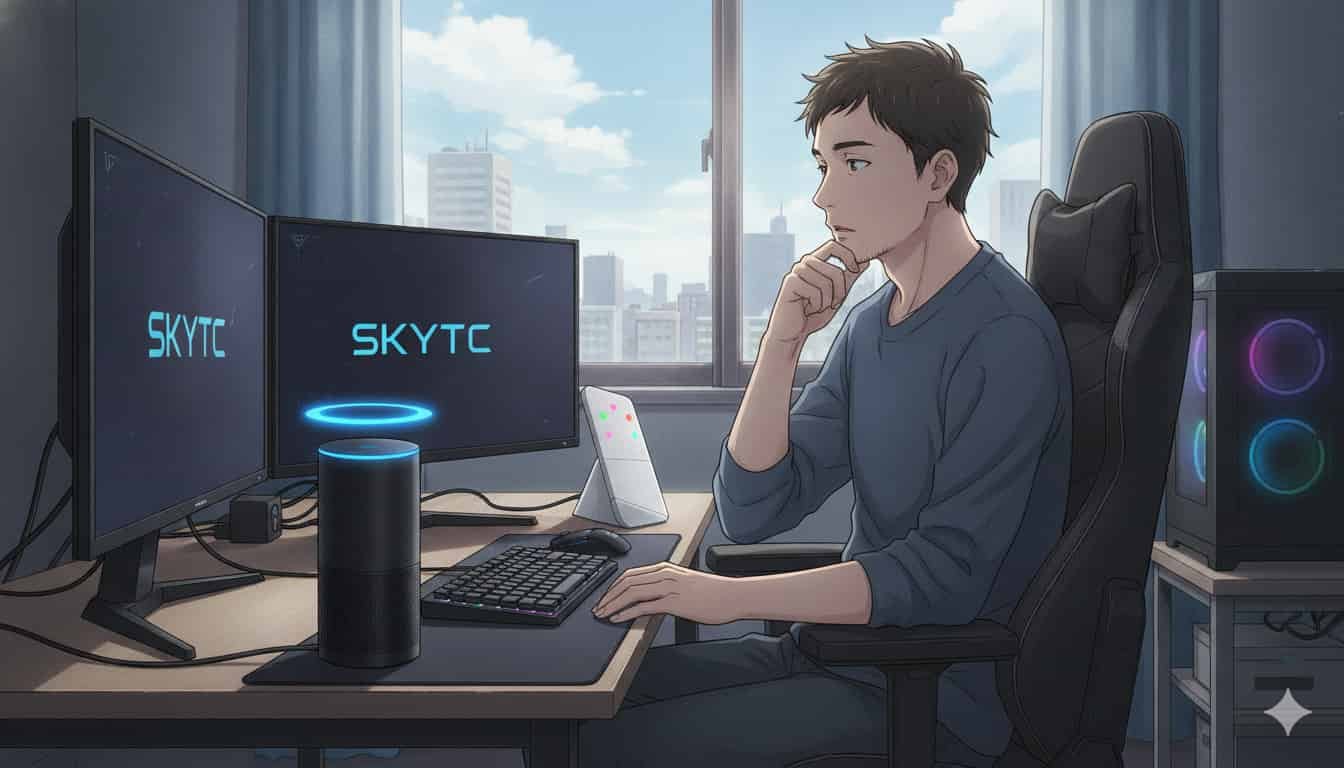 Alexa vs Google Home: qual controla melhor o setup? 2 Homem de 30 anos em setup gamer com Alexa e Google Home, decidindo qual controla melhor o sistema, estilo Makoto Shinkai, SKYTC nas telas.