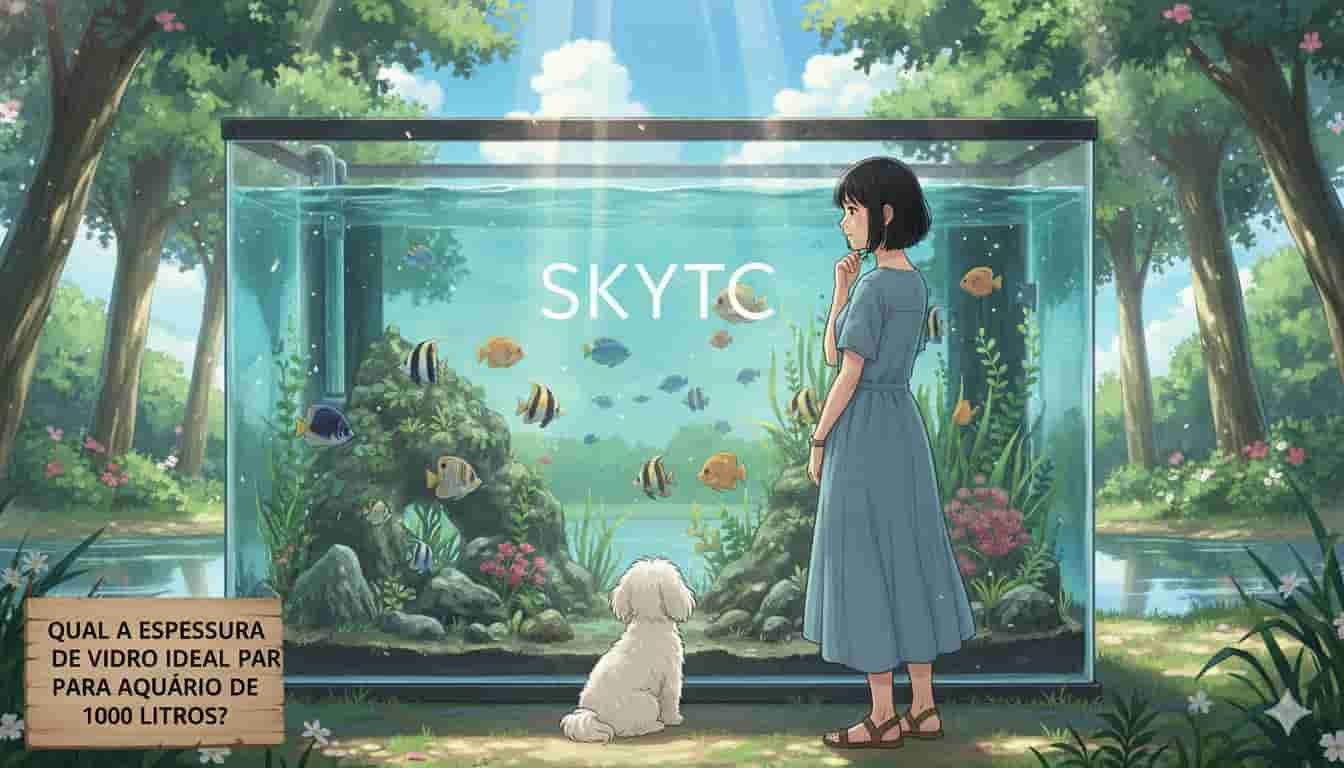 Mulher japonesa com maltipoo em frente a um grande aquário com a marca SKYTC, ilustrando a espessura ideal de vidro para aquários de 1000 litros.