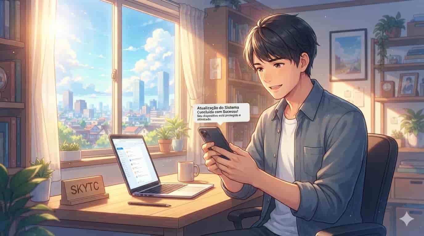 Ilustração estilo anime de Makoto Shinkai de um homem de 30 anos no home office olhando para celular com atualização concluída, com marca SKYTC.