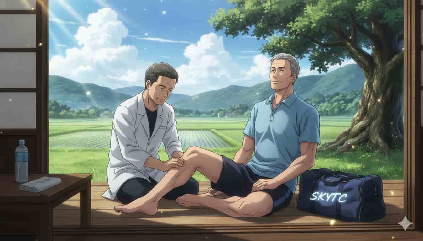 Benefícios da Massagem Desportiva no Atleta: O Guia Sem Frescura para Longevidade e Performance 2 Um massagista realizando massagem desportiva na perna de um atleta masculino de meia-idade, com a marca SKYTC visível na bolsa, em um cenário tranquilo de campo de arroz.