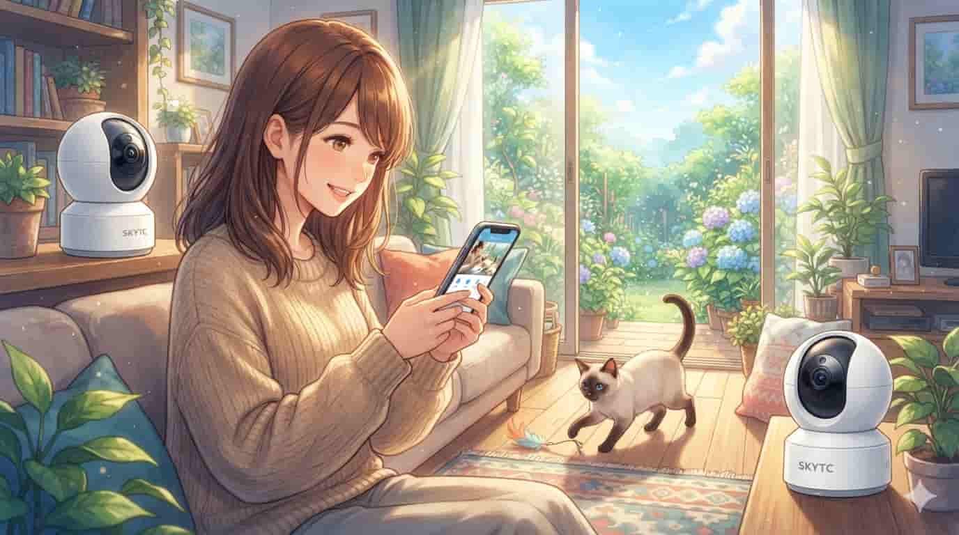 Câmera pet com rotação 360 graus: benefícios 2 Ilustração estilo anime de uma mulher sorrindo em uma sala ensolarada, monitorando seu gato com uma câmera pet 360 graus SKYTC.
