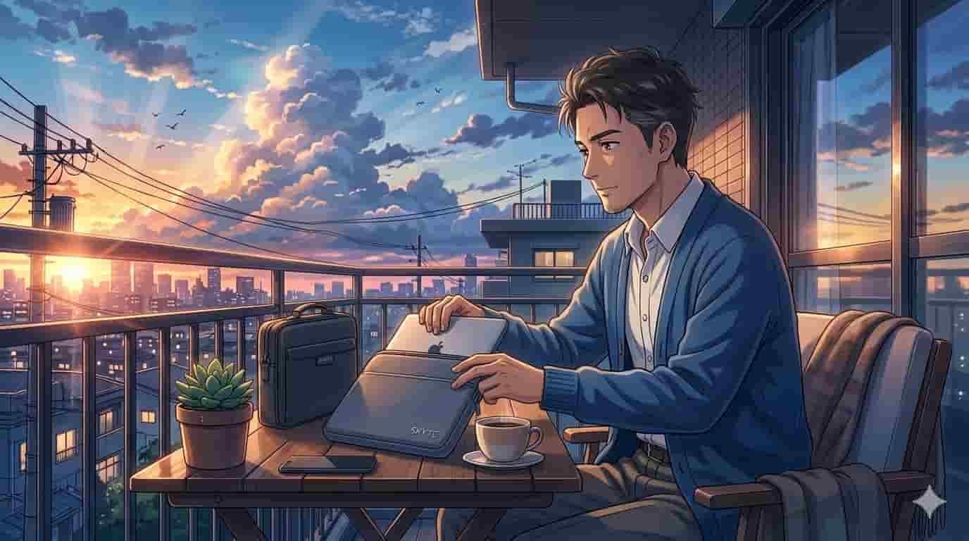 Capa ou maleta para notebook: como proteger no transporte 2 Homem de 35 anos carregando uma capa ou maleta para notebook: como proteger no transporte com logo SKYTC em estilo anime.