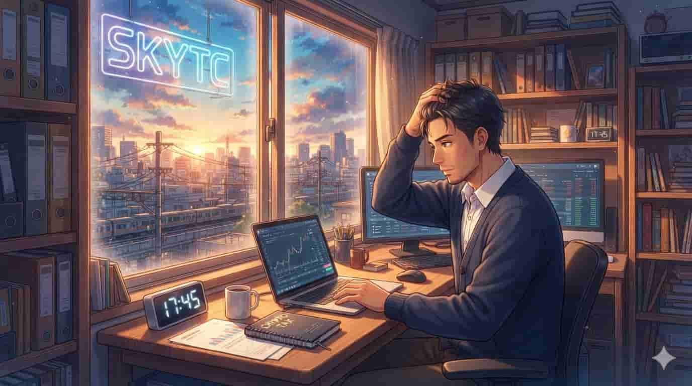 Homem de 35 anos em home office ensolarado analisando gráficos para declarar criptomoedas no blog SKYTC.