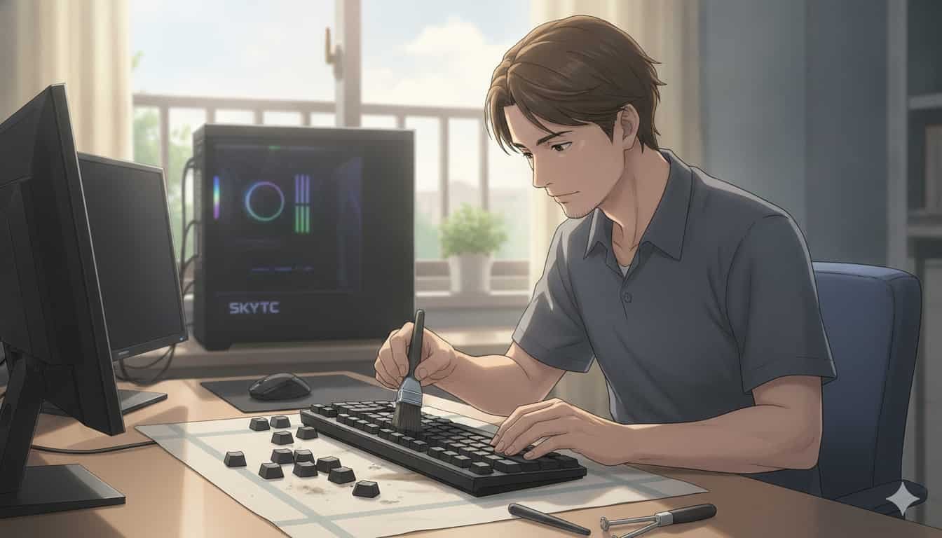 Homem de 30 anos limpando teclado mecânico com pincel, keycaps removidas, em mesa de PC, estilo Makoto Shinkai, SKYTC no gabinete.