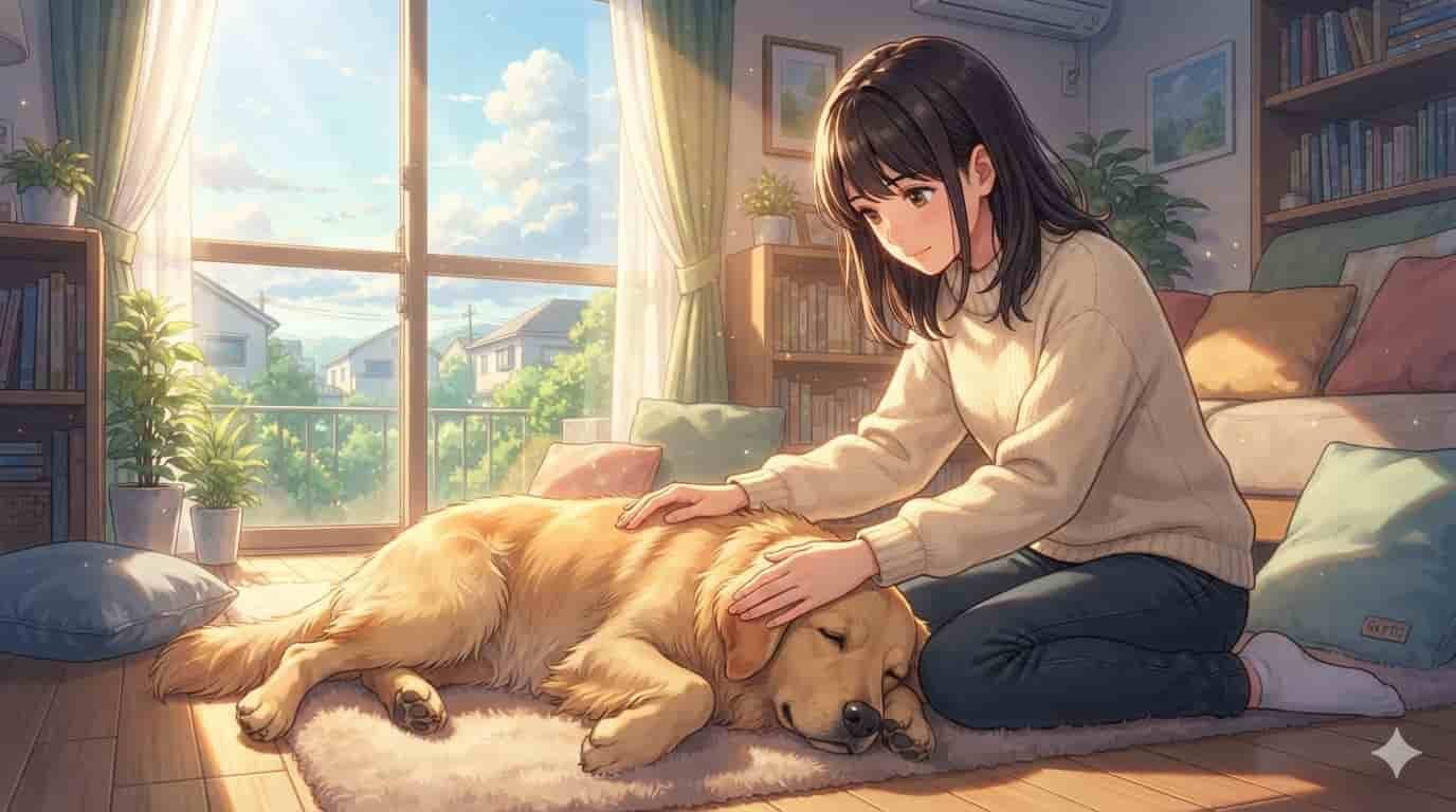 Ilustração estilo anime inspirada em Makoto Shinkai, mostrando uma jovem acariciando um Golden Retriever em uma sala de estar iluminada pelo sol, com a marca 'SKYTC' visível em uma almofada.