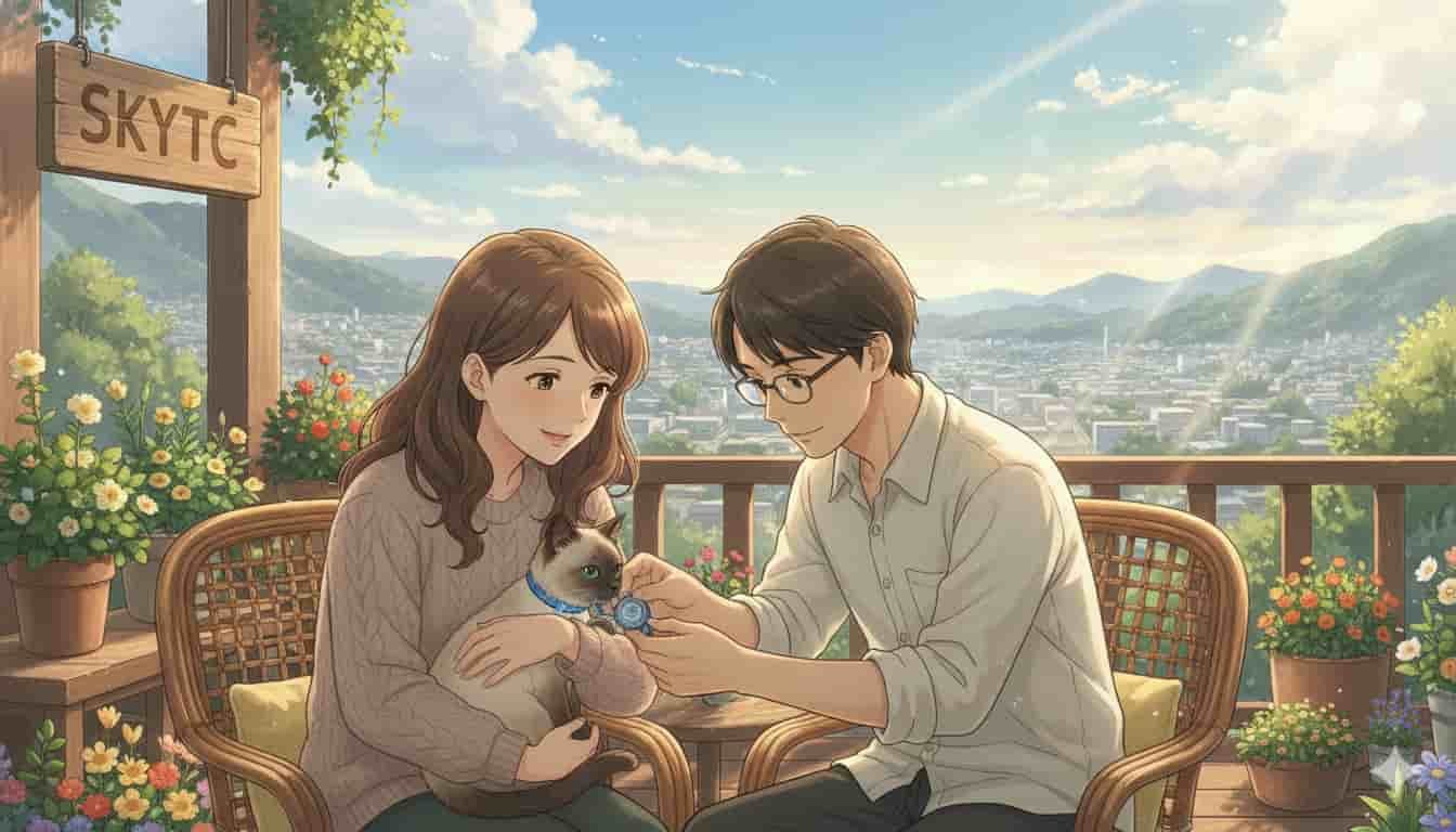Como prender rastreador na coleira do gato com segurança 2 Casal adulto prendendo rastreador na coleira de gato siamês em varanda ensolarada com vista para a cidade, ilustração estilo Makoto Shinkai Skytc.