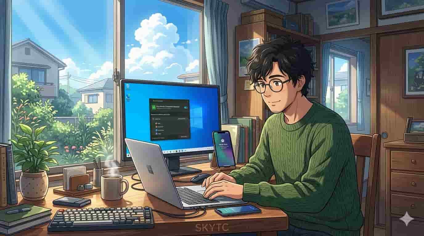Homem de 30 anos focado trabalhando no PC integrado ao celular com o Modo Foco ativado em ilustração estilo anime do SKYTC.