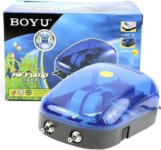 Curadoria AquaTC 12 Compressor de ar azul Boyu S-2000A com duas saídas para aquário.