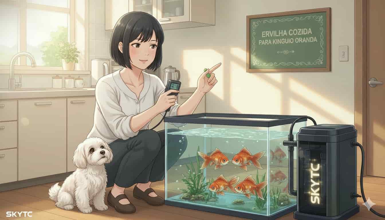 Ervilha para Constipação em Kinguio Oranda: Como Usar 3 Mulher japonesa com maltipoo oferecendo ervilha cozida a Kinguio Oranda para constipação, com "SKYTC" e painel informativo visível.