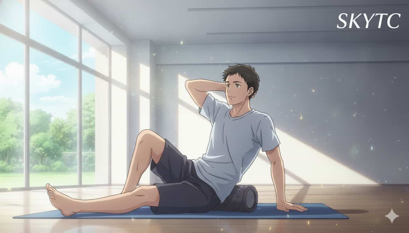 Como Usar o Foam Roller nas Costas com Segurança 2 Um homem de 35 anos, em estilo anime de Makoto Shinkai, usa um foam roller nas costas em um ambiente interno iluminado. A palavra "SKYTC" está visível.