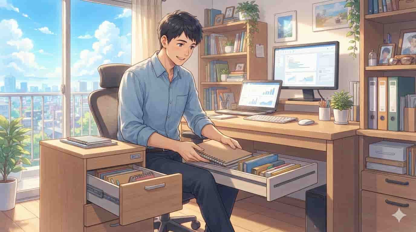 Homem de 30 anos organizando gaveteiro SKYTC em home office com vista para a cidade.