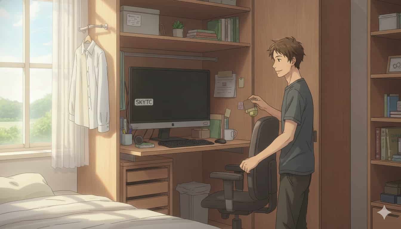 Como adaptar um guarda-roupa em home office 2 Homem de 30 anos adaptando guarda-roupa para home office com computador e prateleiras, estilo Makoto Shinkai, SKYTC na tela.