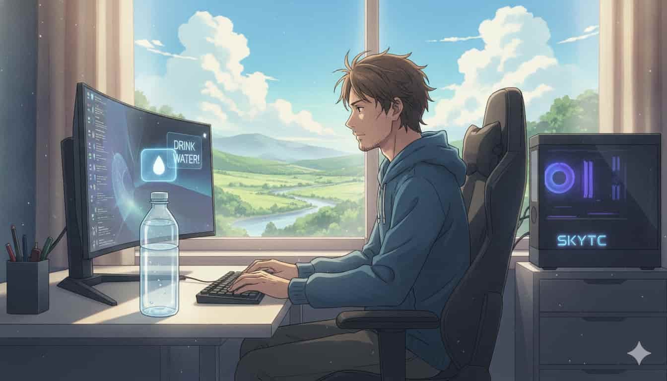 Homem de 30 anos em setup gamer com garrafa de água e lembrete "Drink Water" na tela, paisagem de Makoto Shinkai, SKYTC no PC.