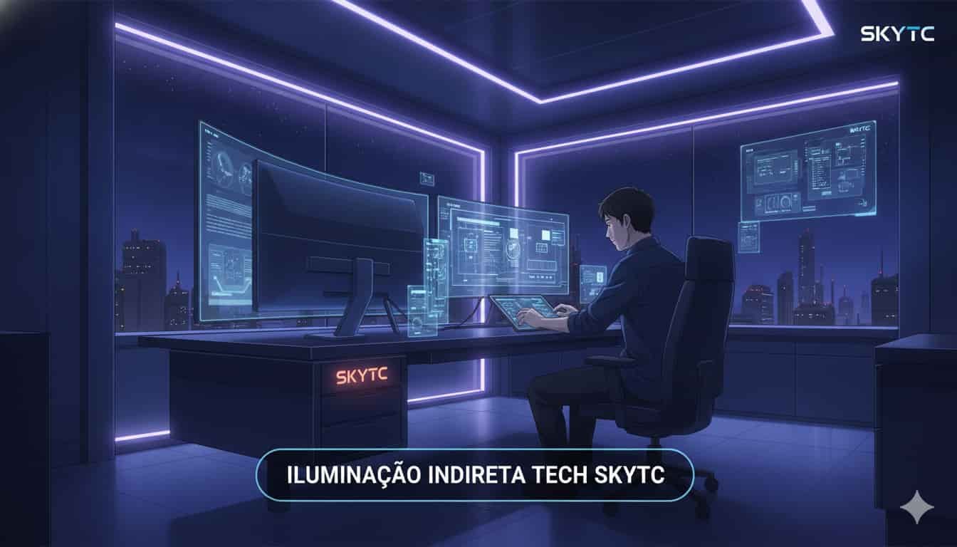 O impacto da iluminação indireta no design tech: Como não fritar seus olhos e valorizar seu setup 5 Homem de 30 anos trabalhando em escritório moderno com iluminação indireta roxa, múltiplos monitores e o logo SKYTC.