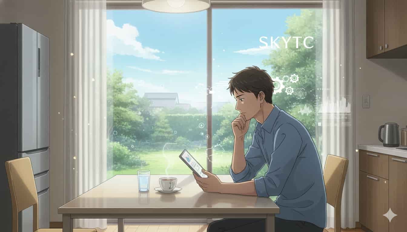 Como o Jejum Intermitente Afeta a Cognição 2 Um homem de 35 anos, em estilo anime de Makoto Shinkai, está pensativo em uma cozinha, lendo sobre jejum intermitente e cognição em um tablet. A palavra "SKYTC" está visível.