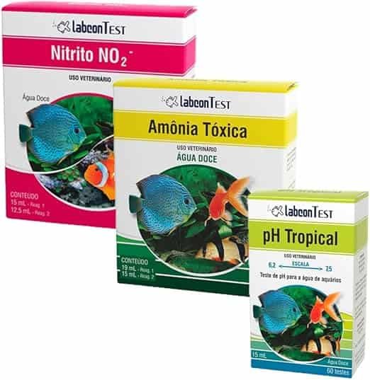 Curadoria AquaTC 19 Três caixas de testes em gotas da Labcon para amônia nitrito e pH de aquário.
