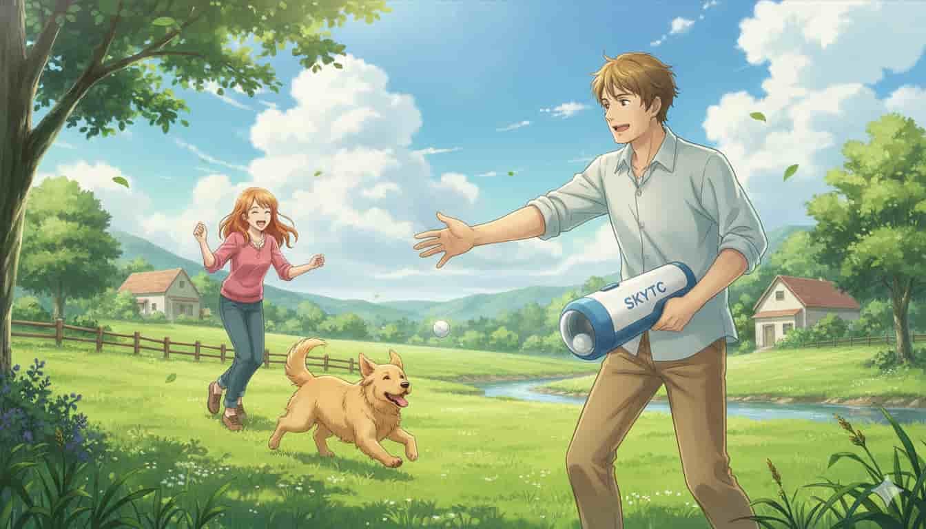 Lançador de Bolinha Portátil para Brincar no Sítio 2 Casal adulto e cachorro brincando com lançador de bolinha portátil no sítio em dia claro, ilustração estilo Makoto Shinkai Skytc.