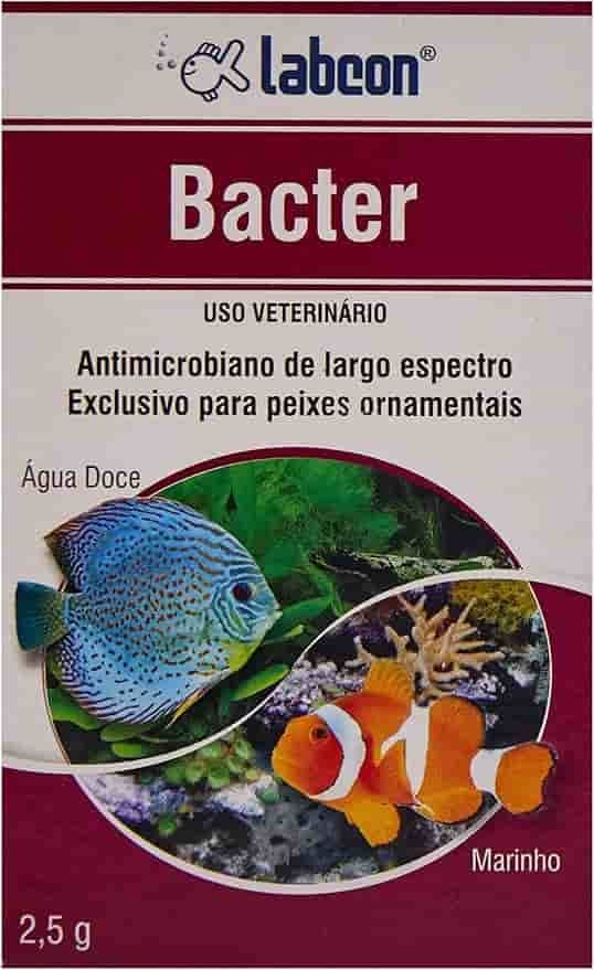 Curadoria AquaTC 20 Embalagem vermelha do medicamento antimicrobiano Labcon Bacter para peixes.