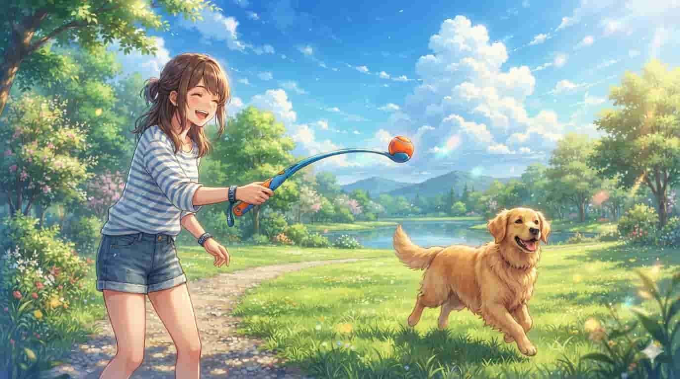 Melhores Bolinhas de Reposição para Lançadores pet 2 Ilustração estilo anime Makoto Shinkai de uma jovem sorridente brincando com um Golden Retriever em um parque ensolarado, usando um lançador de bolinhas. O nome SKYTC está visível em sua pulseira.