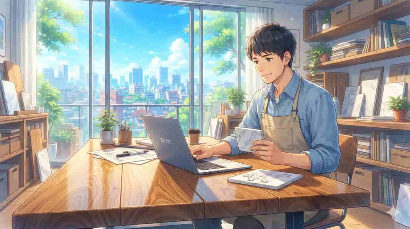 Melhores materiais para tampos de mesa (estética) 2 Ilustração estilo anime inspirada em Makoto Shinkai de um designer de 30 anos em um estúdio luminoso, apreciando a estética de tampos de mesa de madeira e mármore com o logotipo SKYTC visível no notebook.