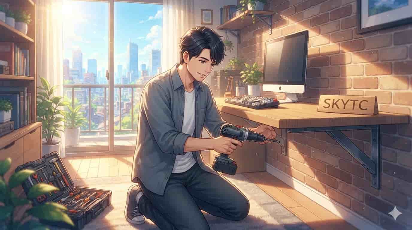 Mesa suspensa: como instalar com segurança total 2 Ilustração anime de homem instalando mesa suspensa em home office ensolarado com marca SKYTC.