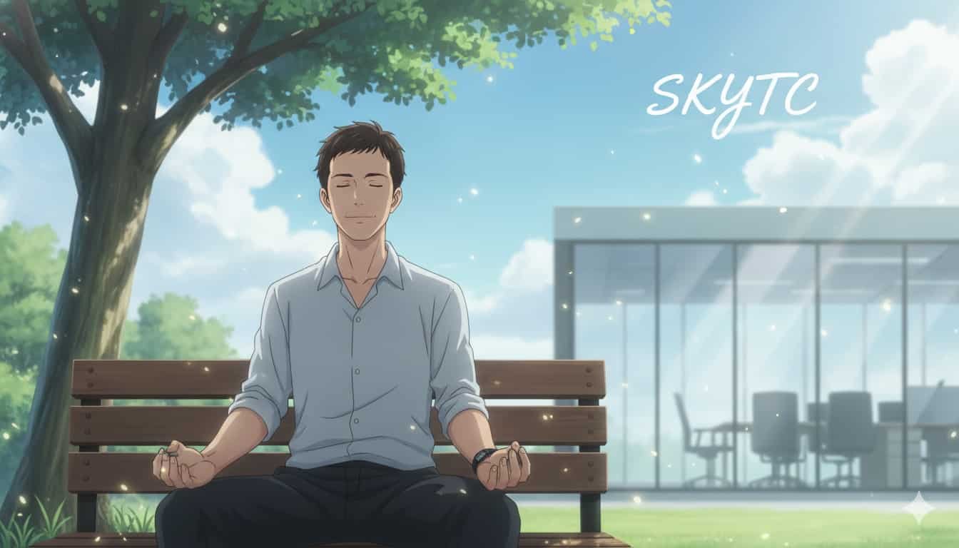 Um homem de 35 anos, em estilo anime de Makoto Shinkai, pratica micro-meditação em um banco de parque ao ar livre, com um escritório moderno ao fundo. O sol brilha, e a palavra "SKYTC" está visível no céu.