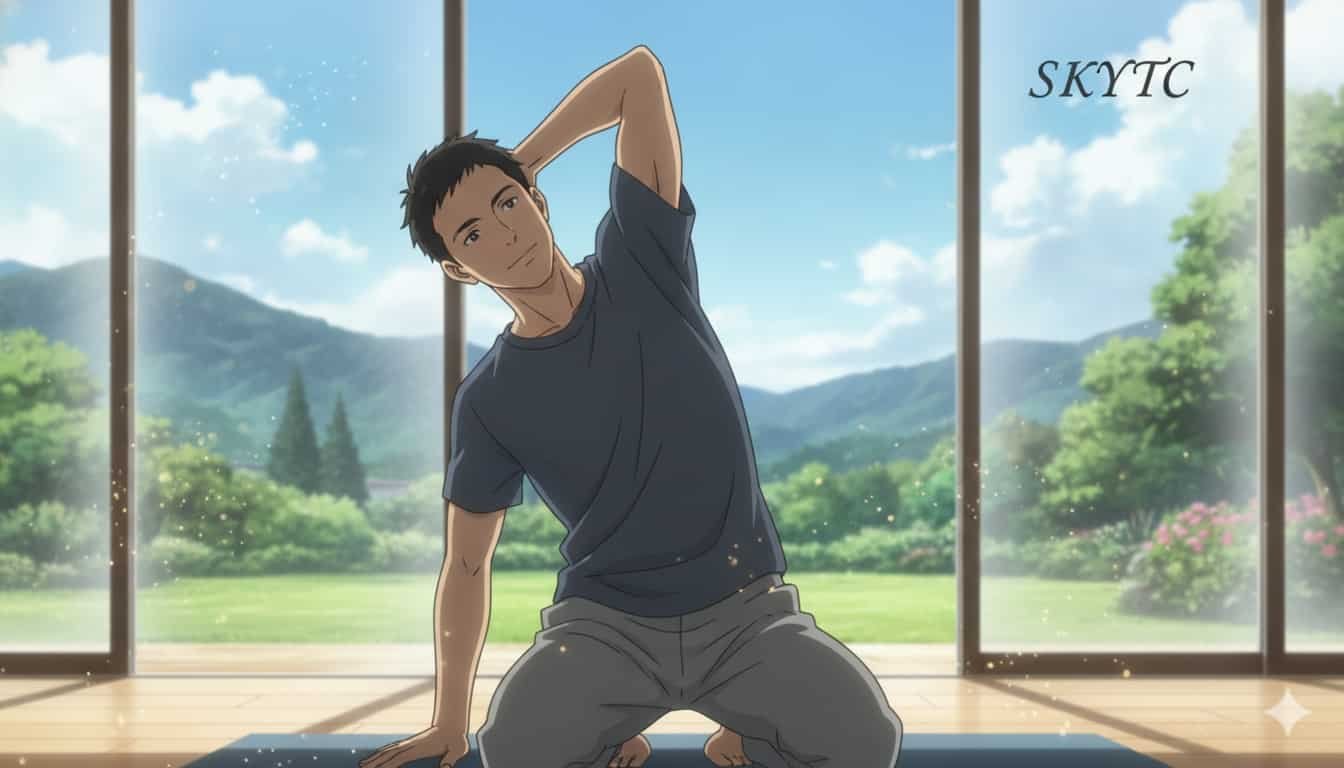 Um homem de 35 anos, em estilo anime de Makoto Shinkai, alonga o tronco, demonstrando mobilidade torácica, em um ambiente interno com vista para a natureza. "SKYTC" visível.