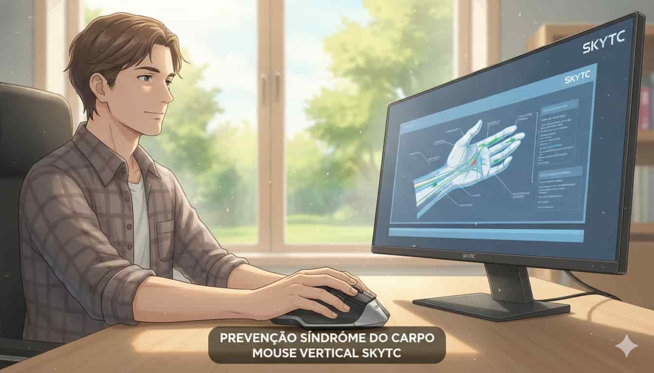 Pessoa usando mouse vertical SKYTC em ambiente de escritório iluminado, com monitor exibindo diagrama de mão e punho, prevenindo síndrome do carpo.