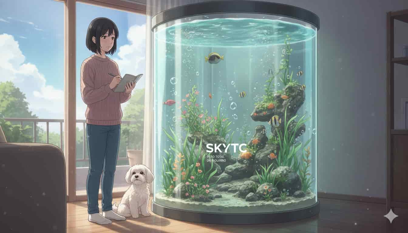 Como calcular o peso total de um aquário grande cheio em casa 6 Mulher japonesa com maltipoo calculando o peso de um aquário grande cheio em casa, com a marca SKYTC visível.