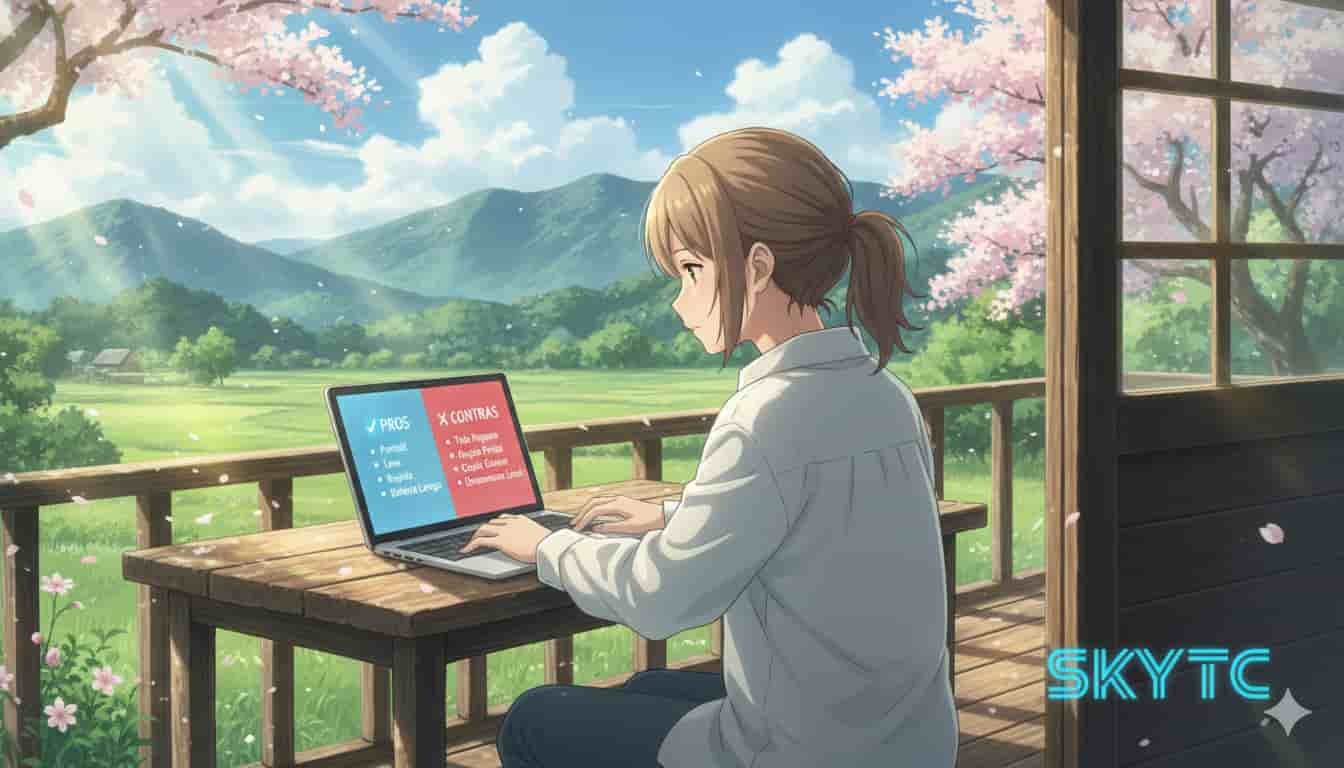 Notebook com tela de 13 polegadas: prós e contras 2 Mulher usando notebook 13 polegadas em paisagem de Makoto Shinkai, SKYTC