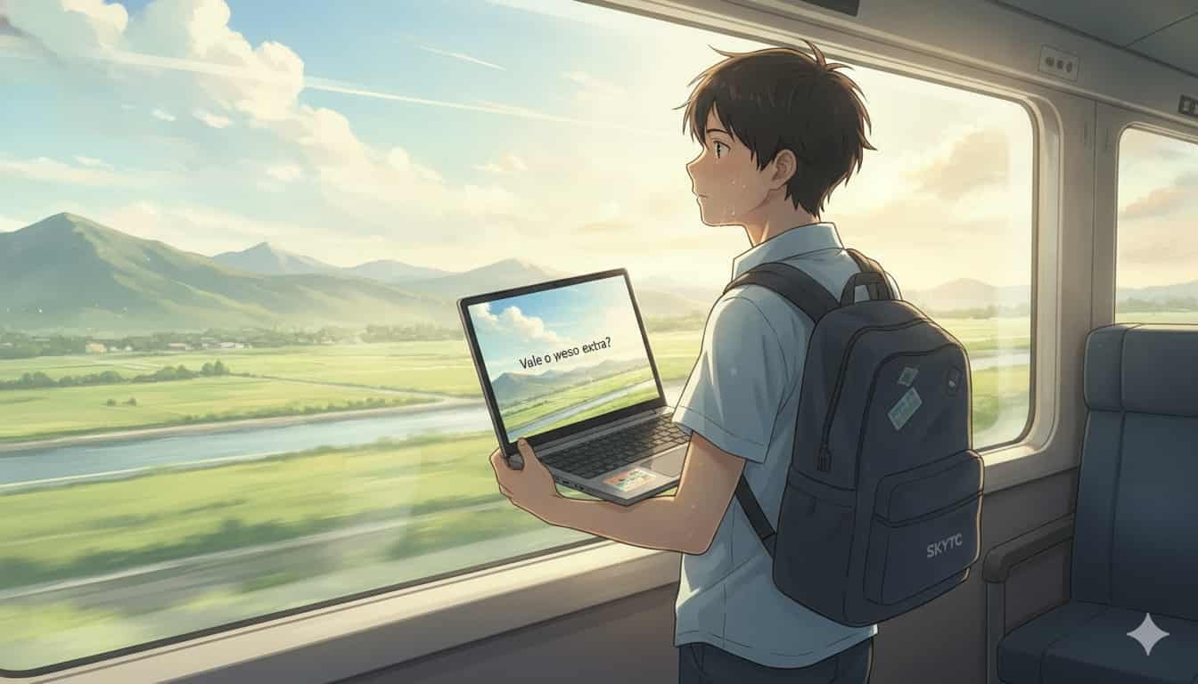 Notebook com tela de 15 polegadas: vale o peso extra? 2 Jovem com notebook 15 polegadas em trem, paisagem Makoto Shinkai, SKYTC