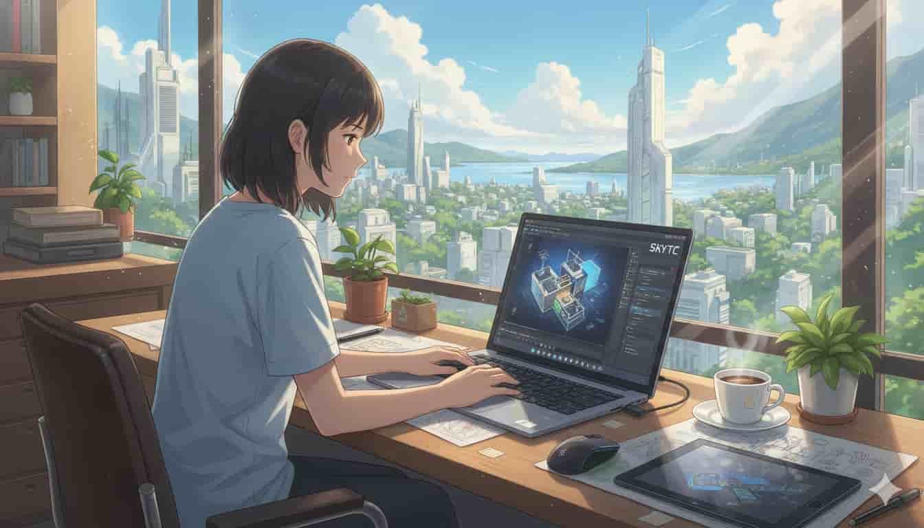 Notebook para arquitetura: o que não pode faltar 9 Jovem arquiteta usando notebook SKYTC para projetos em escritório com vista para cidade.