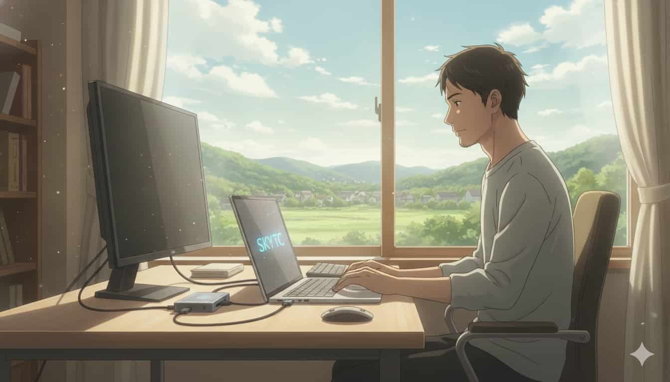 Notebook com entrada USB-C: por que é essencial hoje 2 Um homem de 30 anos trabalhando em um notebook com USB-C em uma casa ensolarada, com o logo SKYTC visível na tela.