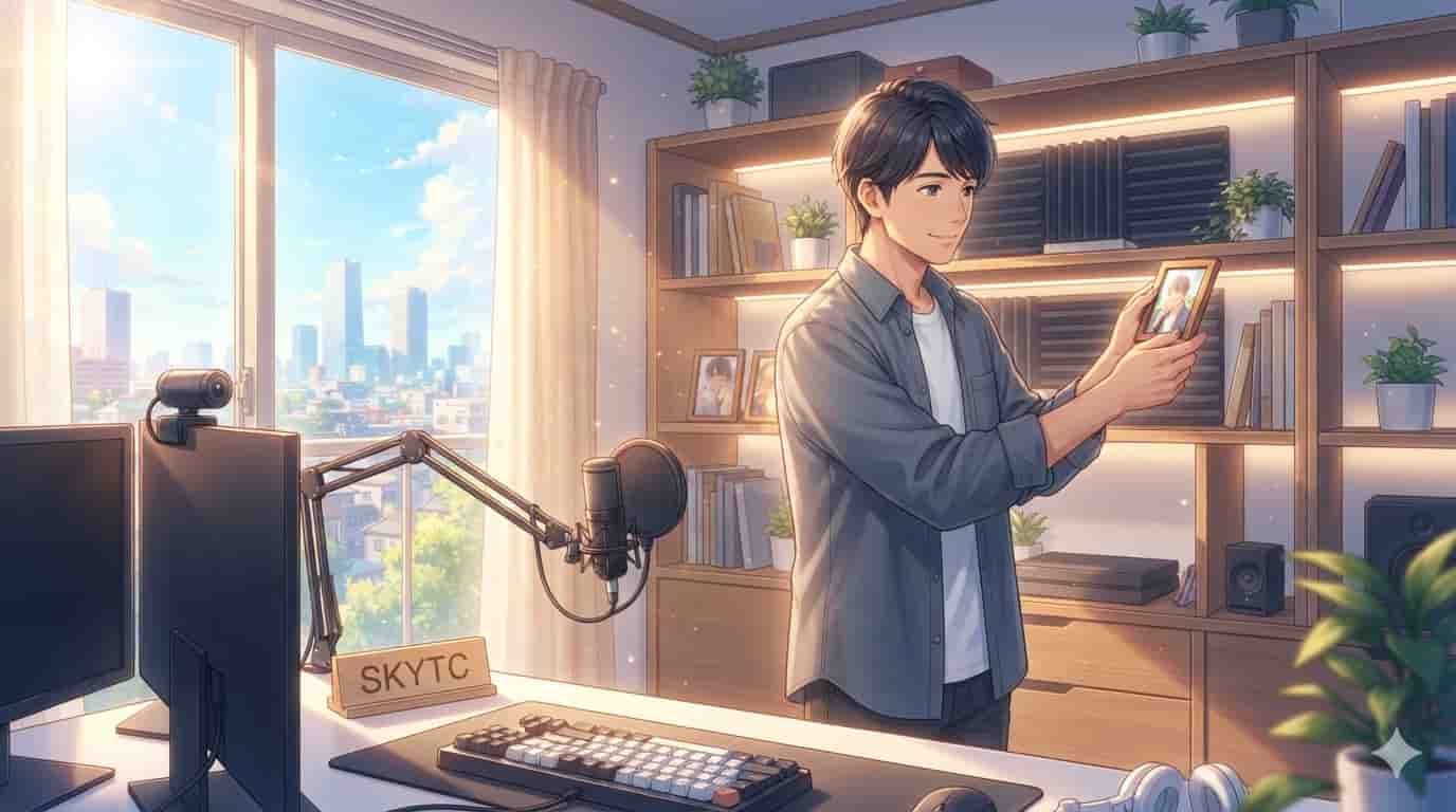 Ilustração estilo anime de Makoto Shinkai de homem arrumando estante de home office com microfone e webcam.