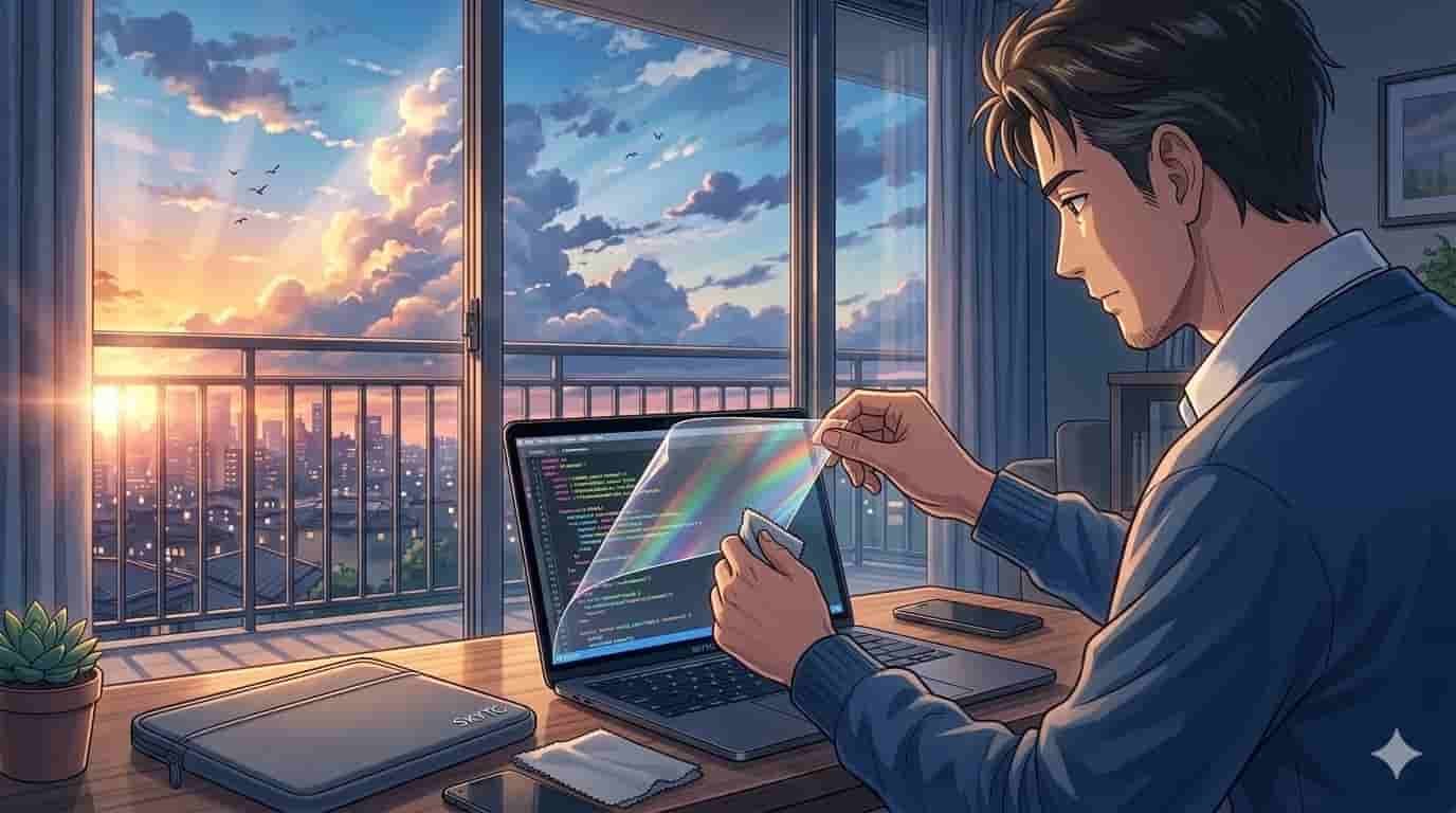 Homem de 35 anos aplicando película de tela para notebook: protege ou estraga? Dica SKYTC em estilo anime.