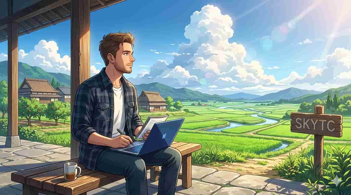 Por que aprender programação é o melhor seguro de vida 2 Homem de 30 anos programando no computador em um sítio iluminado, estilo anime Makoto Shinkai SKYTC.