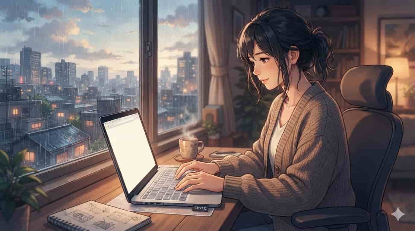 Homem de 35 anos colocando protetor de teclado para notebook: vale a pena usar? Análise SKYTC em estilo anime.