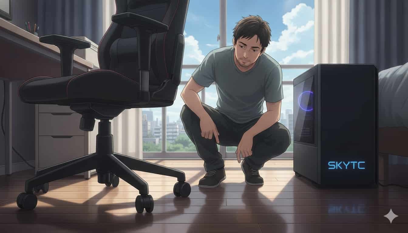 Homem de 30 anos inspecionando rodízios de silicone em cadeira gamer para proteger piso, em quarto com PC, estilo Makoto Shinkai, SKYTC no gabinete.